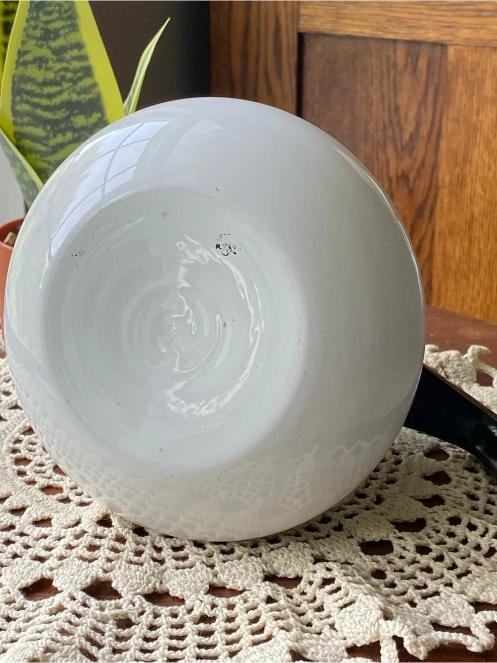 Vintage Corningware White Coffee Carafe with Blue Floral Motif and Black Handle